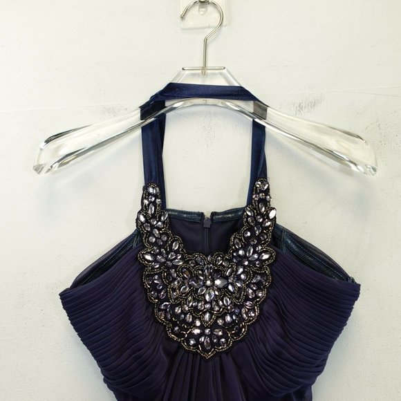 Mini Dress Womens 4 SMALL Navy Rhinestone Halter Ruched Cocktail JS BOUTIQUE - Picture 2 of 9